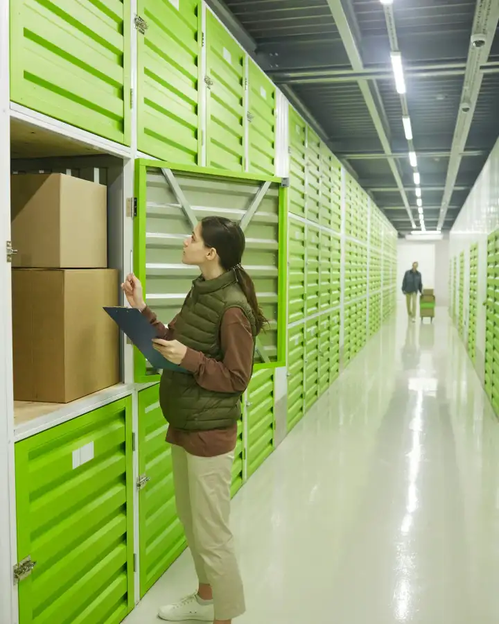 Warehouse professional checking inventory with a tablet among storage units