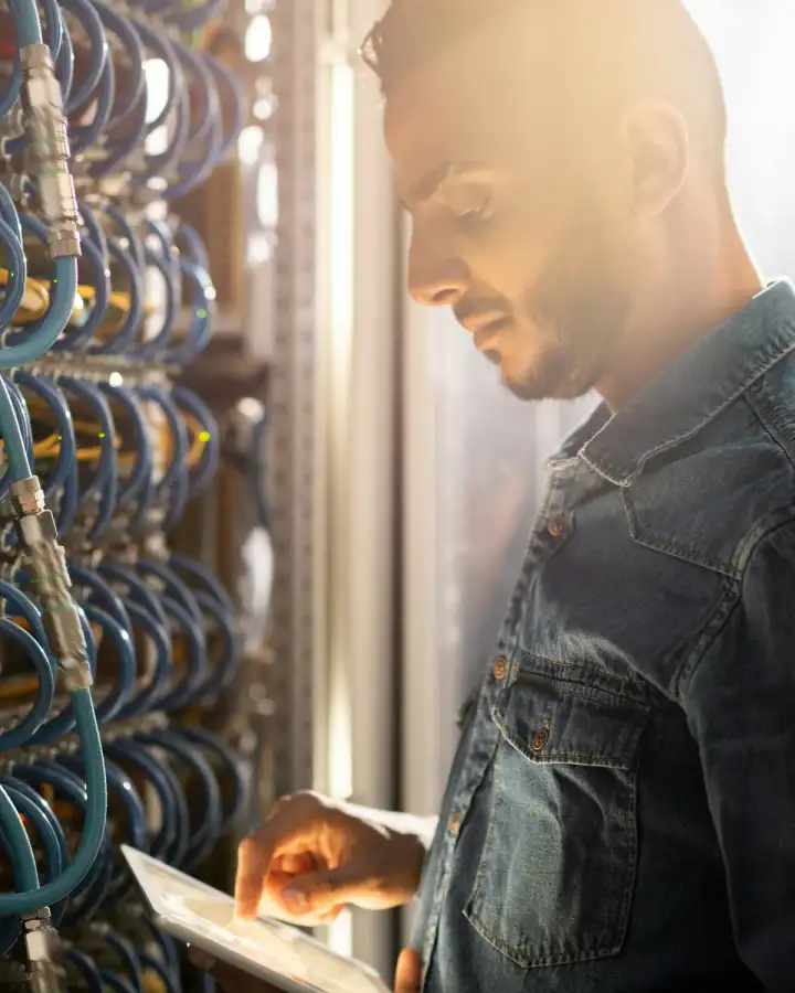 Technician inspecting server cables with a tablet in a server room