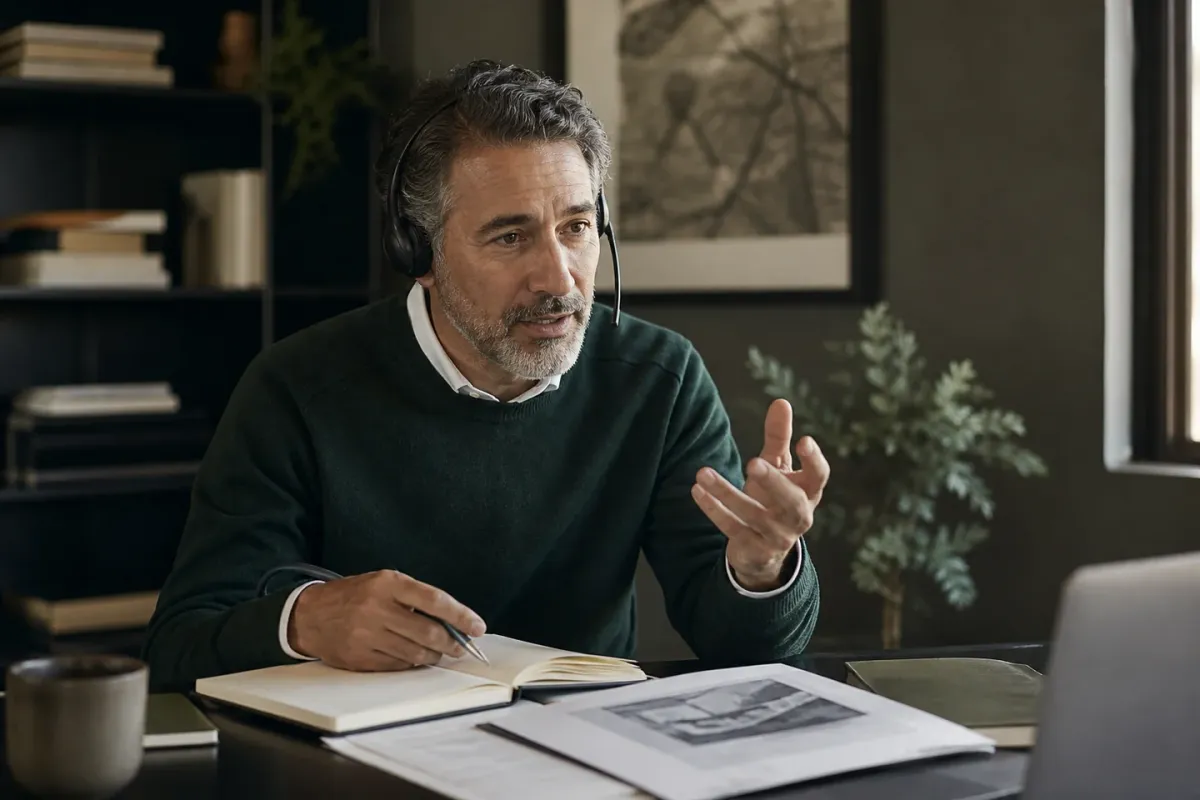A professional taking part in a focused remote research conversation